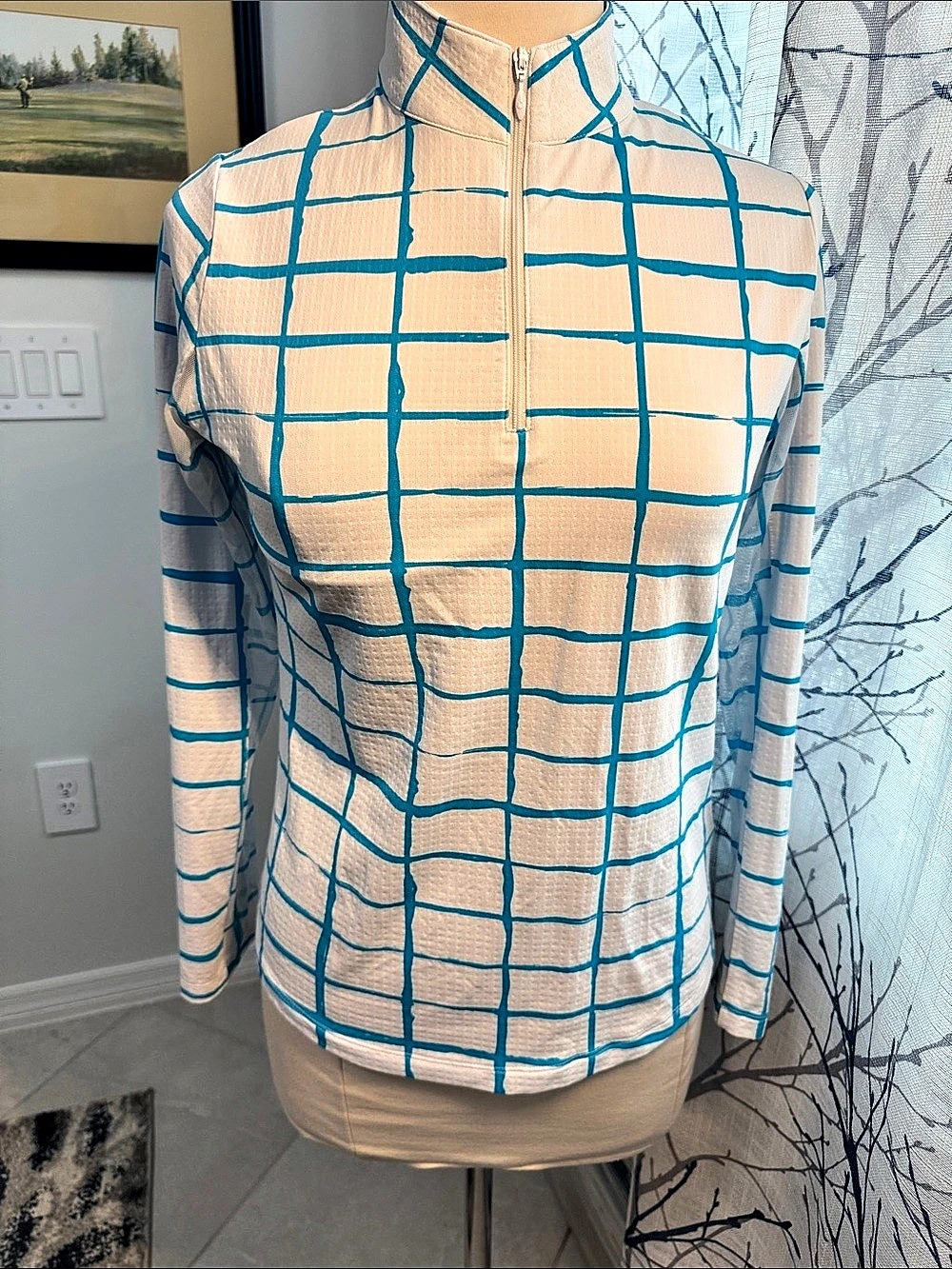 IBKUL Checkered Zip Mock Neck Top in White & Blue Size Medium